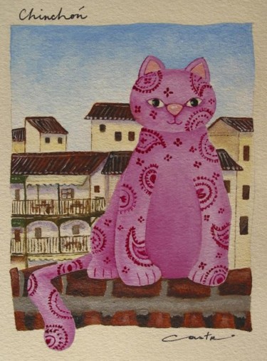 Painting titled "Gatos en Chinchón" by Yolanda Castro Contreras, Original Artwork