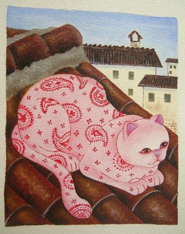 Painting titled "Gatos en Chinchón" by Yolanda Castro Contreras, Original Artwork