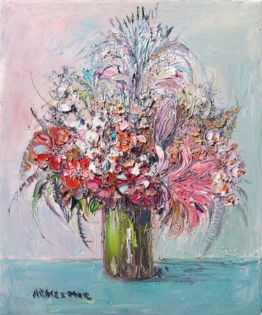 Painting titled "Bouquet Rose" by Yolande Ardissone, Original Artwork, Oil Mounted on Wood Stretcher frame