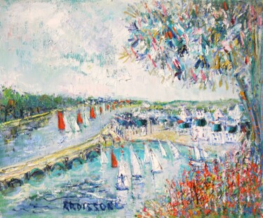 Painting titled "Le Vieux Port à Aur…" by Yolande Ardissone, Original Artwork, Oil Mounted on Wood Stretcher frame
