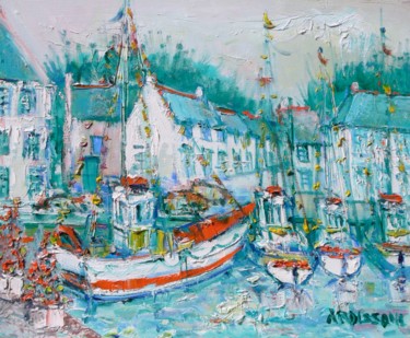 Painting titled "Port de Pêche" by Yolande Ardissone, Original Artwork, Oil Mounted on Wood Stretcher frame