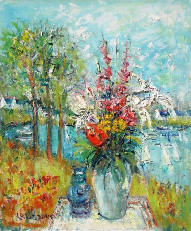 Le Vase devant la rivière Peinture intitulée "Le Vase devant la r…" par Yolande Ardissone, Œuvre d'art originale, Huile Monté sur Châssis