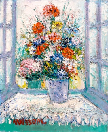 Bouquet devant la Fenêtre Peinture intitulée "Bouquet devant la F…" par Yolande Ardissone, Œuvre d'art originale, Huile Monté sur Châssis