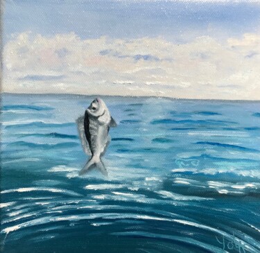 Malerei mit dem Titel "Un poisson !" von Yolande Strauss Ruinet (Yola), Original-Kunstwerk, Öl