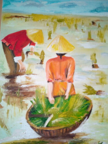 Painting titled "LA RIZIERE" by Yolande Thierry, Original Artwork, Oil