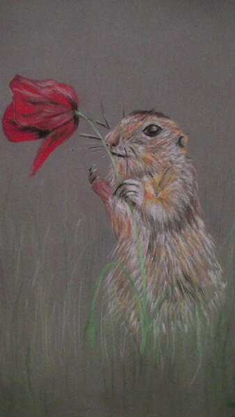 Drawing titled "MARMOTTE ROMANTIQUE" by Yolande Thierry, Original Artwork, Pastel