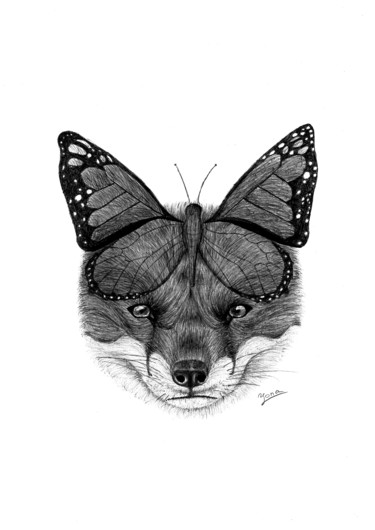Рисунок под названием "renard papillon .jpg" - Yonaart, Подлинное произведение искусства, Шариковая ручка