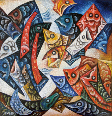 Картина под названием "Рыбы" - Yosef Reznikov & Oleg Shkred, Подлинное произведение искусства, Масло