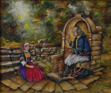 Painting titled "Sermon à la fontaine" by Yves Sauvage- Ty Ar Youn Bihan, Original Artwork, Acrylic