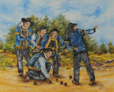 Painting titled "Les joueurs-de-boul…" by Yves Sauvage- Ty Ar Youn Bihan, Original Artwork, Acrylic