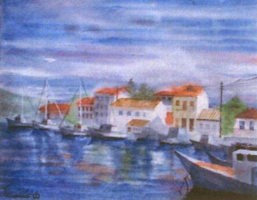 Painting titled "Seaside Village" by R K, Original Artwork, Oil