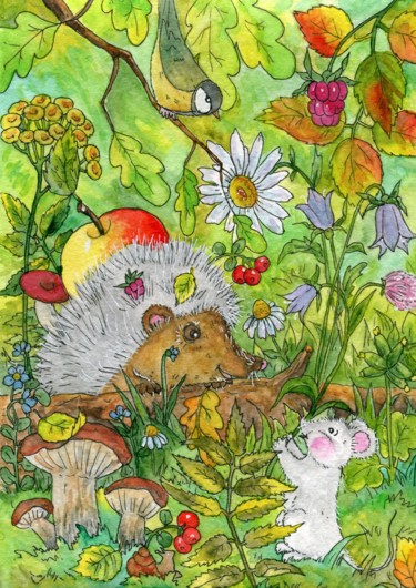 Картина под названием "Hedgehog and mouse…" - Ekaterina Karpushchenkova, Подлинное произведение искусства, Акварель