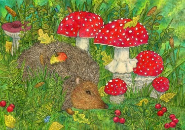 Картина под названием "A cute hedgehog wal…" - Ekaterina Karpushchenkova, Подлинное произведение искусства, Акварель