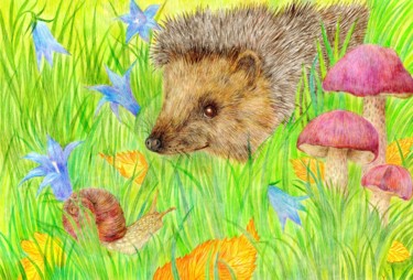 Рисунок под названием "Hedgehog and snail." - Ekaterina Karpushchenkova, Подлинное произведение искусства, Цветные карандаши