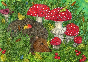 Картина под названием "The hedgehog walks…" - Ekaterina Karpushchenkova, Подлинное произведение искусства, Акварель