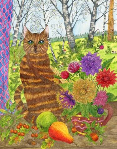 Картина под названием "Tabby cat sits by t…" - Ekaterina Karpushchenkova, Подлинное произведение искусства, Акварель
