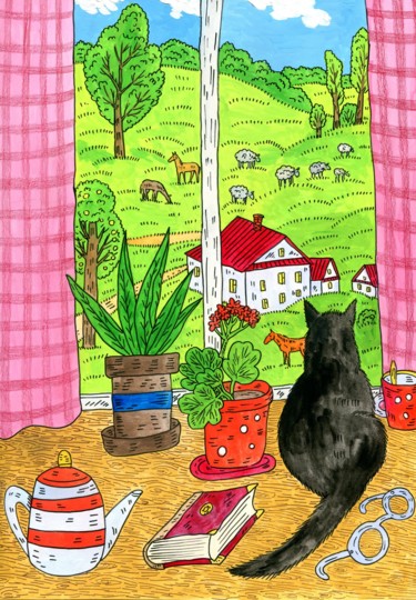 Картина под названием "A black cat sits at…" - Ekaterina Karpushchenkova, Подлинное произведение искусства, Гуашь