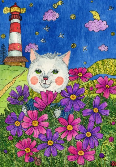 Картина под названием "A romantic cat with…" - Ekaterina Karpushchenkova, Подлинное произведение искусства, Акварель