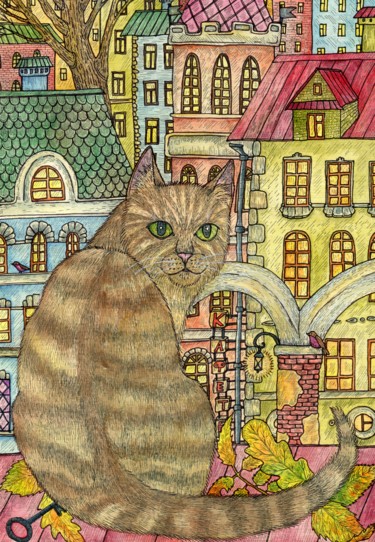 Tabby cat in the autumn city. Painting titled "Tabby cat in the au…" by Ekaterina Karpushchenkova, Original Art, Watercolor