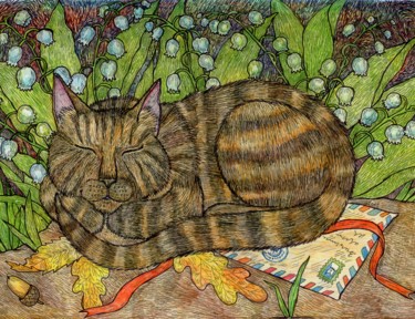 Рисунок под названием "The tabby cat sleep…" - Ekaterina Karpushchenkova, Подлинное произведение искусства, Чернила