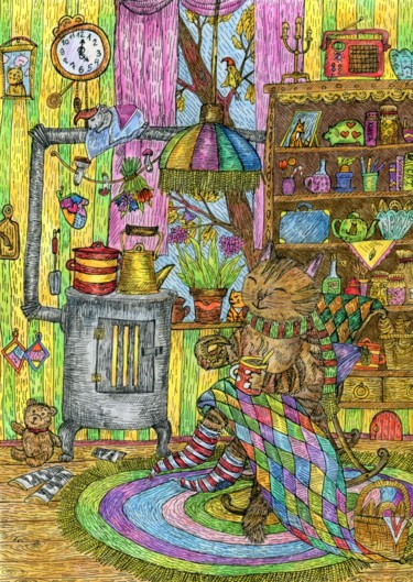 Рисунок под названием "Cute cat is resting…" - Ekaterina Karpushchenkova, Подлинное произведение искусства, Цветные карандаши