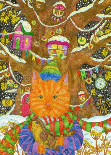 Рисунок под названием "Ginger kitten and b…" - Ekaterina Karpushchenkova, Подлинное произведение искусства, Цветные карандаши