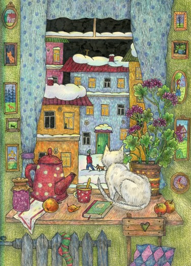 Рисунок под названием "The cat is sitting…" - Ekaterina Karpushchenkova, Подлинное произведение искусства, Чернила