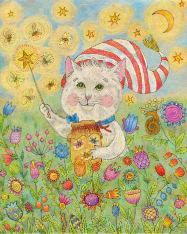 Рисунок под названием "White cat is a wiza…" - Ekaterina Karpushchenkova, Подлинное произведение искусства, Цветные карандаши