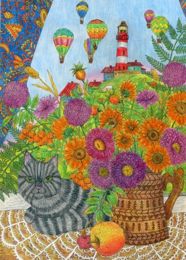 Рисунок под названием "The cat is at the w…" - Ekaterina Karpushchenkova, Подлинное произведение искусства, Цветные карандаши