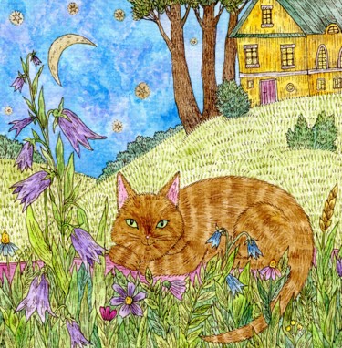 Картина под названием "Tabby cat in the ga…" - Ekaterina Karpushchenkova, Подлинное произведение искусства, Акварель