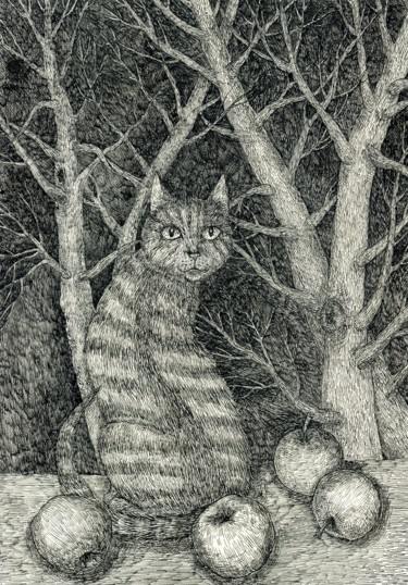 Рисунок под названием "Cat by the window" - Ekaterina Karpushchenkova, Подлинное произведение искусства, Чернила