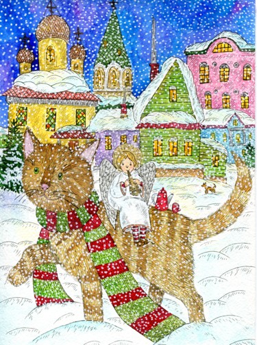 Картина под названием "Christmas in the vi…" - Ekaterina Karpushchenkova, Подлинное произведение искусства, Акварель