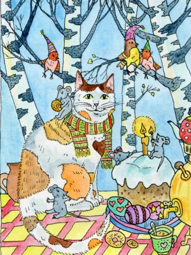 Картина под названием "The cat and mice ce…" - Ekaterina Karpushchenkova, Подлинное произведение искусства, Акварель