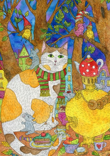 Картина под названием "Cat and mouse on th…" - Ekaterina Karpushchenkova, Подлинное произведение искусства, Акварель