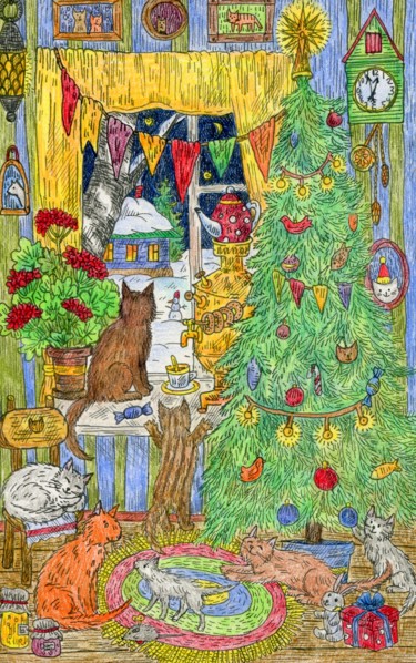 Рисунок под названием "Cats, kittens and a…" - Ekaterina Karpushchenkova, Подлинное произведение искусства, Цветные карандаши