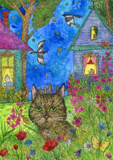 Картина под названием "The cat walks in th…" - Ekaterina Karpushchenkova, Подлинное произведение искусства, Акварель