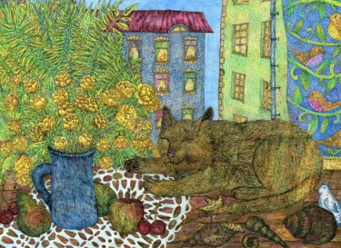 Рисунок под названием "The cat is sleeping…" - Ekaterina Karpushchenkova, Подлинное произведение искусства, Цветные карандаши