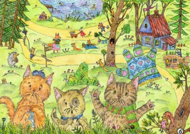 Рисунок под названием "Three kittens." - Ekaterina Karpushchenkova, Подлинное произведение искусства, Цветные карандаши