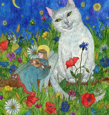 Картина под названием "White cat and angel…" - Ekaterina Karpushchenkova, Подлинное произведение искусства, Акварель