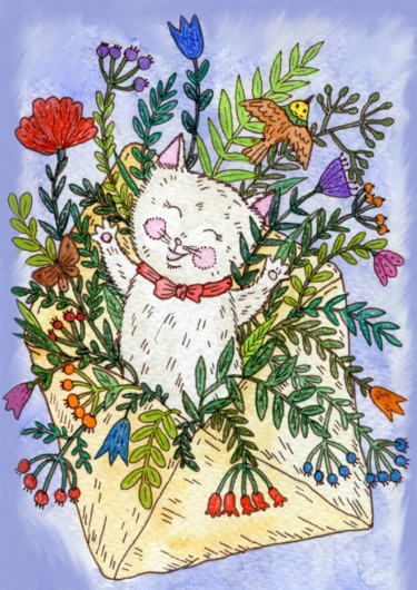 Картина под названием "Cheerful cat in an…" - Ekaterina Karpushchenkova, Подлинное произведение искусства, Акварель