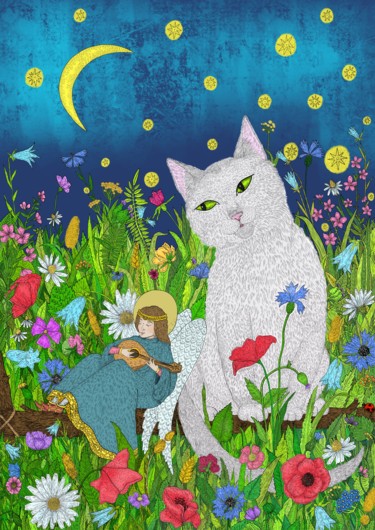 Цифровое искусство под названием "Cat and angel at ni…" - Ekaterina Karpushchenkova, Подлинное произведение искусства, Цифро…