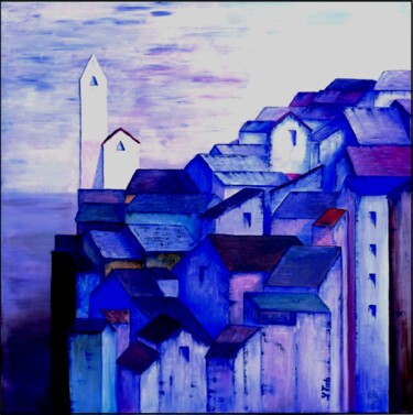 Malerei mit dem Titel "Village bleu" von Ytab Peintures, Original-Kunstwerk, Acryl