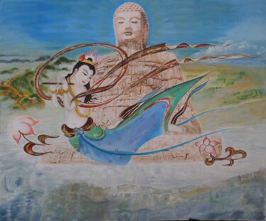 Painting titled "石佛与飞天" by Yu Ping Chen, Original Artwork, Oil Mounted on Wood Stretcher frame
