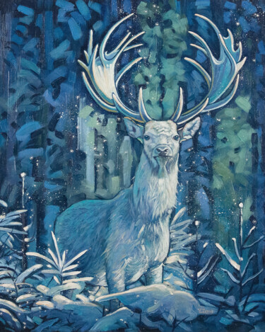 Painting titled "White stag/Frosty s…" by Yue Zeng, Original Artwork, Oil Mounted on Wood Stretcher frame