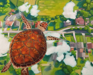 Schilderij getiteld "Flying turtle" door Yue Zeng, Origineel Kunstwerk, Olie