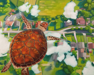 Painting titled "Flying turtle" by Yue Zeng, Original Artwork, Oil