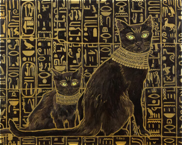 Painting titled "Egyptian black cats…" by Yue Zeng, Original Artwork, Oil