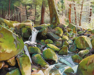 Painting titled "Creek rocks in fore…" by Yue Zeng, Original Artwork, Oil Mounted on Other rigid panel