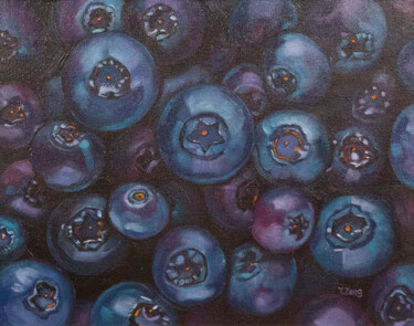 Painting titled "Blueberries close up" by Yue Zeng, Original Artwork, Oil Mounted on Other rigid panel