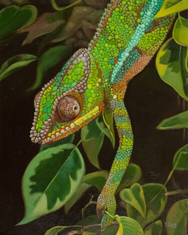 Malerei mit dem Titel "Chameleon portrait" von Yue Zeng, Original-Kunstwerk, Öl